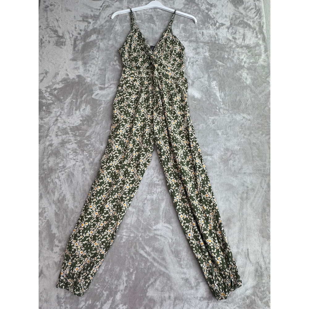 ANGIE Floral‎ Print Smocked Waist Jumpsuit Green White Yellow Size L